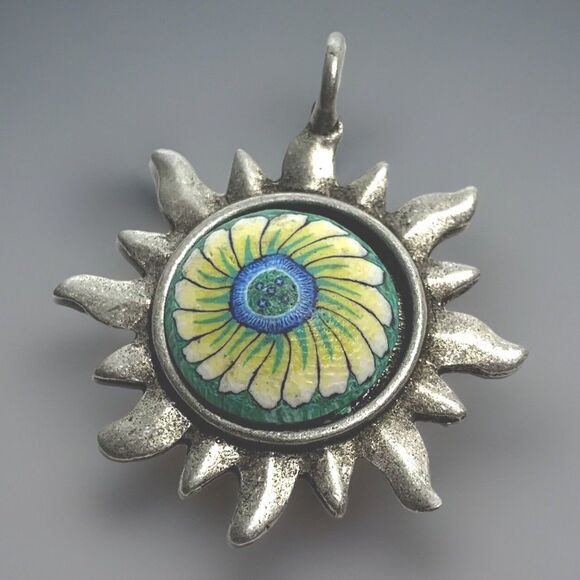 Sunburst Pendant Charm SilverTone Blue Yellow Floral Ceramic Center Handmade Vtg - Picture 1 of 5